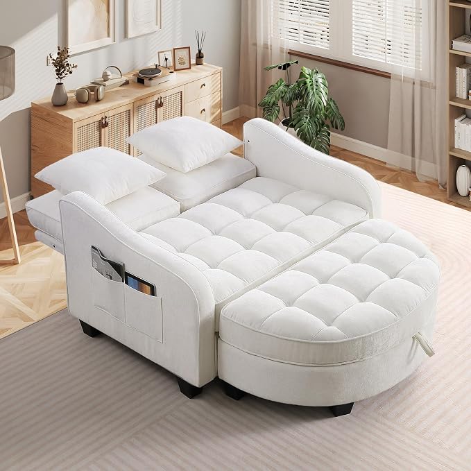 Oversized Chaise Lounge Chair Indoor with Ottoman, Chenille Tufted Comfy Loveseat Sofa Chair with Adjustable Backrest, Fluffy Recliner Sofa, Convertible Sleeper Couch Bed for Living Room(51"W, Beige)