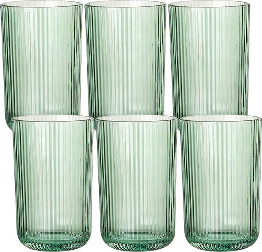 Green Ribbed Highball Glasses Set of 6, 13.2oz Sage Green Colored Glassware, Drinking Glasses for Water, Juice, Iced Coffee, Cocktails, Green Glass Cups, Housewarming Christmas Gift