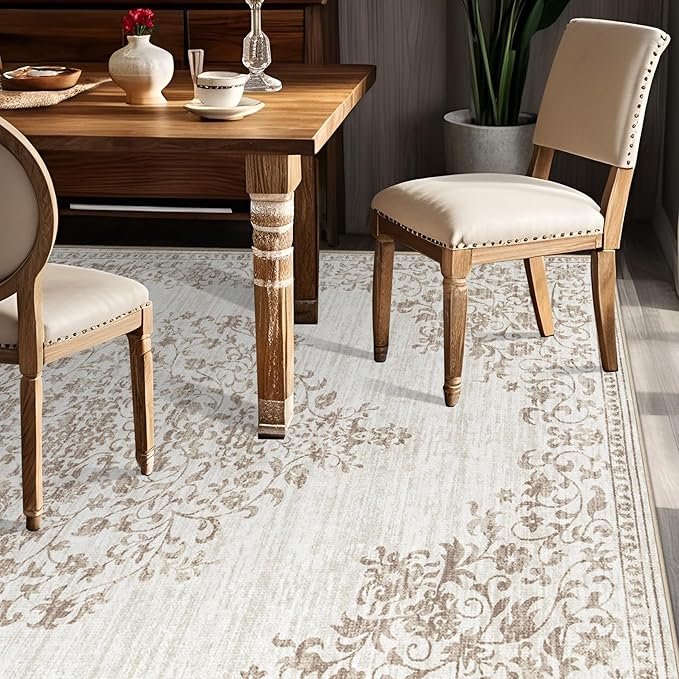 Area Rug 6x9 Vintage Rug: Washable Indoor Medallion Rugs Low Pile Distressed Floor Carpet Retro Accent Rug for Living Room Bedroom Kitchen Dining Table Home Office(Vintage Beige, 6'x9')