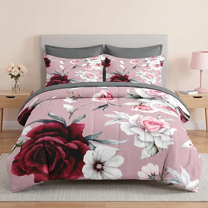 Pamnest Comforter Set Full Size, Rose Leaves 7 Pcs Bedding for Kids and Adults, Painting Floral Vintage Bed Sheet Sets with Fitted Sheet 2 Pillowcases & 2 Shams for Bedroom Bed Decor