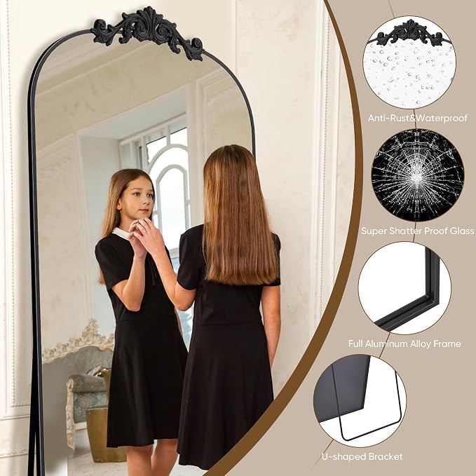 Antok Arched Full Length Mirror, 78"x38" Floor Mirror with Carved, Full Body Mirrors for HomeDecor, Standing/Halling Large Wall Mirror for Bedroom, Living Room, Cloakroom, Black, Retro Style