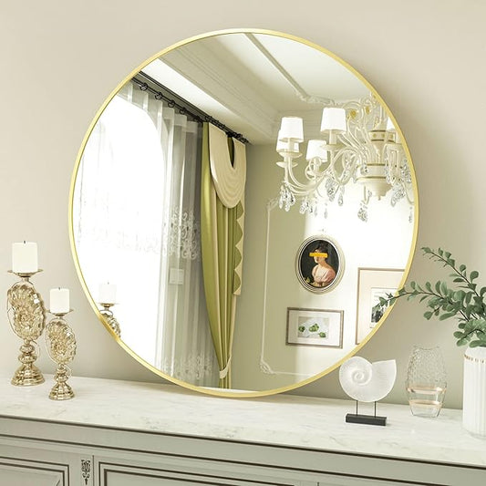 VooBang Gold Round Bathroom Mirror, 28 inch Circle Wall Mounted Hanging Mirror with Simple Modern Circular Metal Frame for Hallway, Entryway, Living Room, Gold Frame