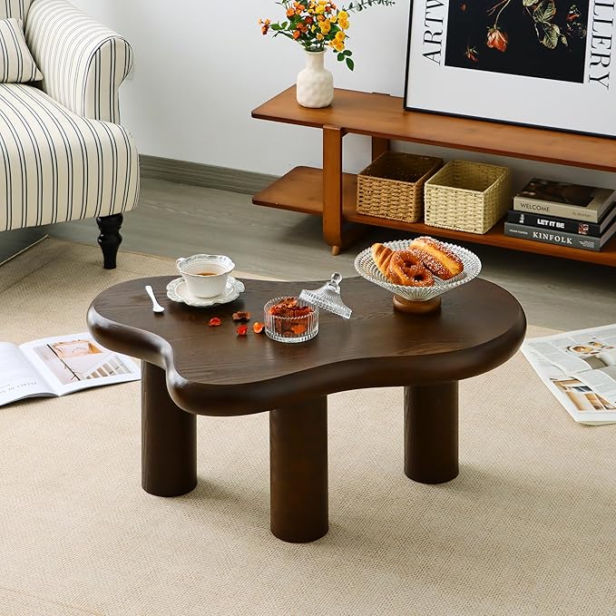 34"(L) Cloud Coffee Table, Modern Wood Coffee Table for Living Room, Accent Center Tables with 3 Legs, Small Tea Tables for Balcony, Patio, Bedroom, Walnut