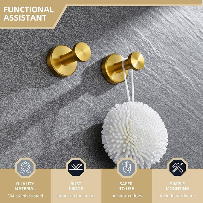 Angle Simple Towel Hooks, SUS 304 Stainless Steel Coat Robe Wall Hooks, Bathroom Hand Towel Hanger, Brushed Dark Gold, 2 Pack