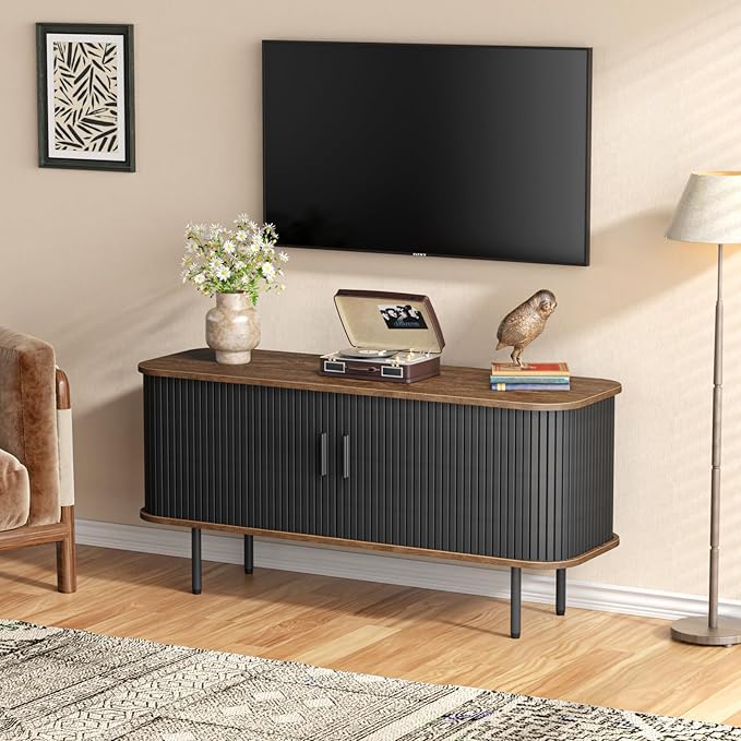 47''W Black Storage Cabinet, Fluted Sideboard Buffet Cabinet with Storage, Console Table Credenza with Tambour Slatted Sliding Doors and Shelves, Modern TV Stand for Living Room, Kitchen, Entryway
