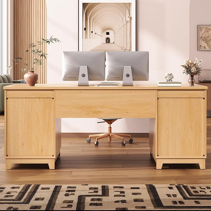 SEDETA 55.1" Fluted Office Desk with 6 Drawers, Modern Executive Desk with Acrylic File Drawers, Computer Desk with Power outlets for Home Office and Study, Natural