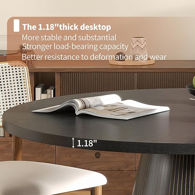 47 inch Round Dining Table for 4-6, Circle Kitchen Table with Sturdy Tapered Base, Mid Century Modern Fluted Dining Tables for Dining Room, Kitchen, Living Room (Black, 47inch)