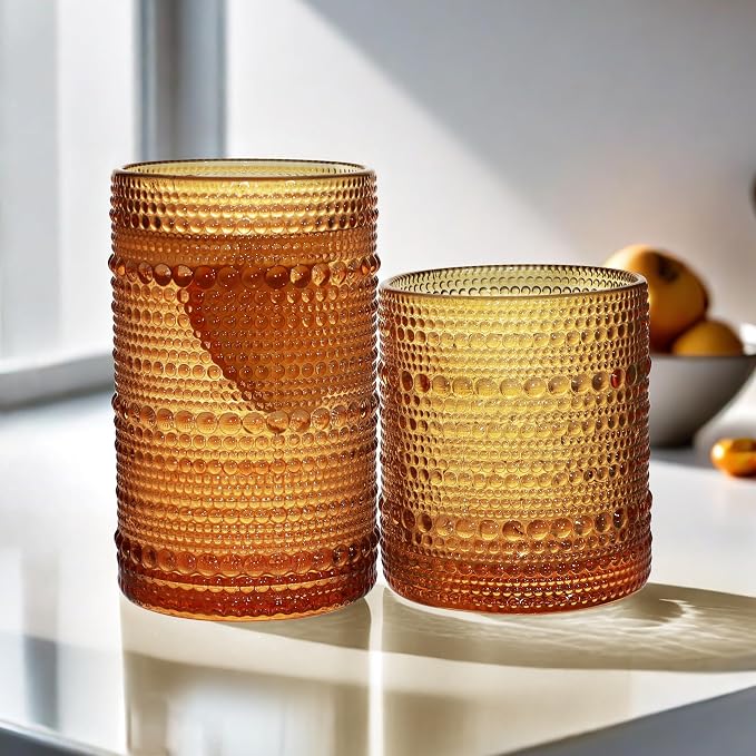 Vintage Hobnail Driinking Glasses Set, Glassware Drinking Set of 8, 12 oz Highball Glasses & 10 oz Cocktail Glasses, Tumbler Glasses for Cocktails, Whiskey, Juice, Milk