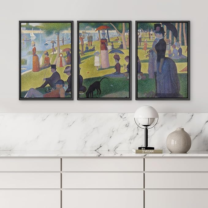 wall26 Framed Canvas Print Wall Art Set La Grande Jatte by Georges Seurat Cultural Historic Oil Painting Fine Art Reproduction Scenic Colorful for Living Room, Bedroom, Office - 24"x36"x3 Black