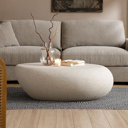 Coffee Table, 43.31" Fiberglass Matte Rocks Table Irregular Stone Center Table for Living Room Apartment, No Assembly, Cream White