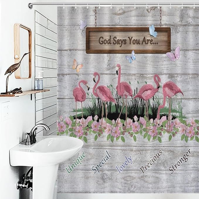 Flamingo Shower Curtain,Summer Beach Tropical Leaves Butterflys Floral with Inspirational Quotes Waterproof Shower Curtains for Bathroom Decor 12 Pack Hooks 55x72in（140x183cm）