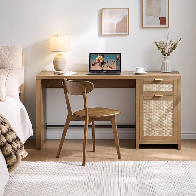 SICOTAS Rattan Home Office Desk, 2 Pieces Farmhouse Boho Executive Desk with Storage Cabinets and Drawers, Larger Writing Desk for Office, Study, Living Room, Oak