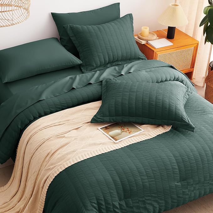 CozyLux Queen Comforter Set Forest Green, 7 Pieces Seersucker Textured Luxury Bed in a Bag Queen, All Seasons Soft Bedding Sets with Down Alternative Comforter, Sheets, Pillowcases & Shams, Home Gift