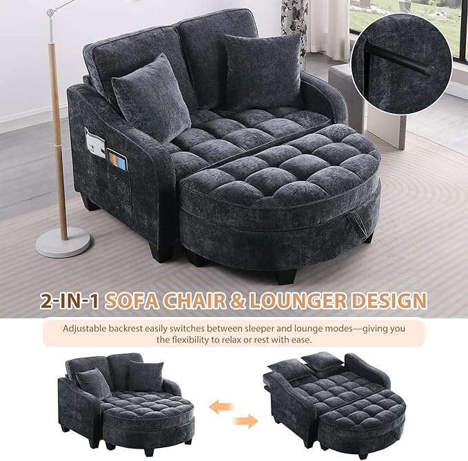 Oversized Curved Chaise Lounge Chair Indoor with Ottoman, 54.8" Cloud Boneless Reading Chair Soft Chenille Circle Couch w/Adjustable Backrest for Living Room, Apartroom, Bedroom, Black