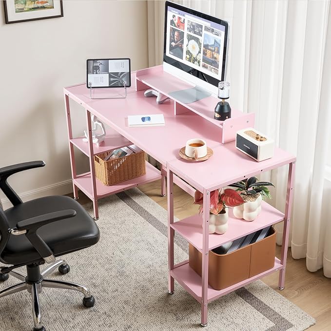 Computer Desk 55-inch with Storage Shelf - Pink Ideal Gaming Desk for Bedrooms, Small Spaces, and Home Offices Modern Writing Desk for PCs.
