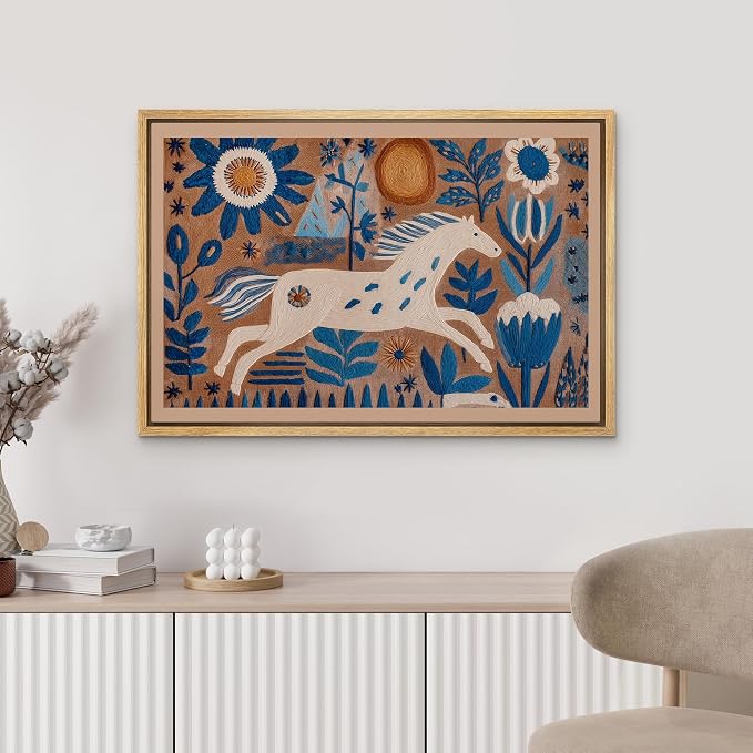 MUDECOR Framed Canvas Print Wall Art Folk Art White Horse with Blue Floral Botanical Illustrations Minimalism Decorative Bohemian Colorful Zen for Living Room, Bedroom, Office - 16"x24" NATURAL