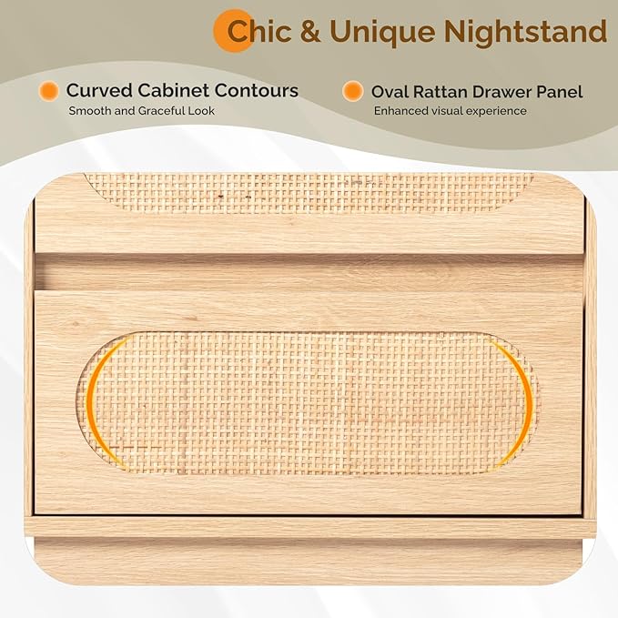 VINGLI Night Stand Set of 2, Rattan Nightstands with Charging Station, 17.72" W Boho Wood Nightstand for Bedroom, Bed Side Table with Charging Station, Wooden Night Stands Oak, Real Rattan End Table