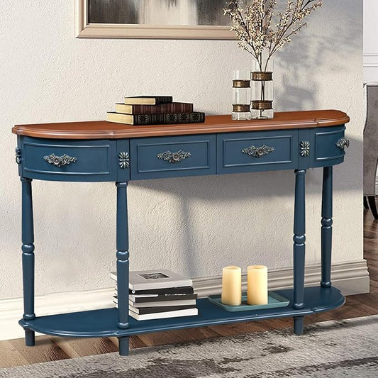 Retro Curved Console Table, 52" Half Moon Sofa Entryway With 2 Drawers 1 Open Shelf, Solid Pine Legs for Living Room, Hallway, Navy Blue
