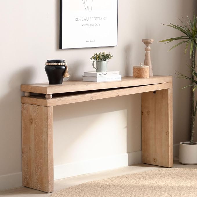 Wood Console Table, 52.6" Retro Narrow Long Sofa Table Behind Couch with Bead Detail and Engineered Wood Finish for Hallway Entryway Living Room Entrance, Natural