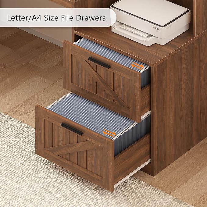 TVU Farmhouse L Shaped Desk with Drawers, 62.2" Home Office Desk with Storage Shelves and Power Outlet, L Shaped Computer Desk with Monitor Stand and Printer Shelf, Brown