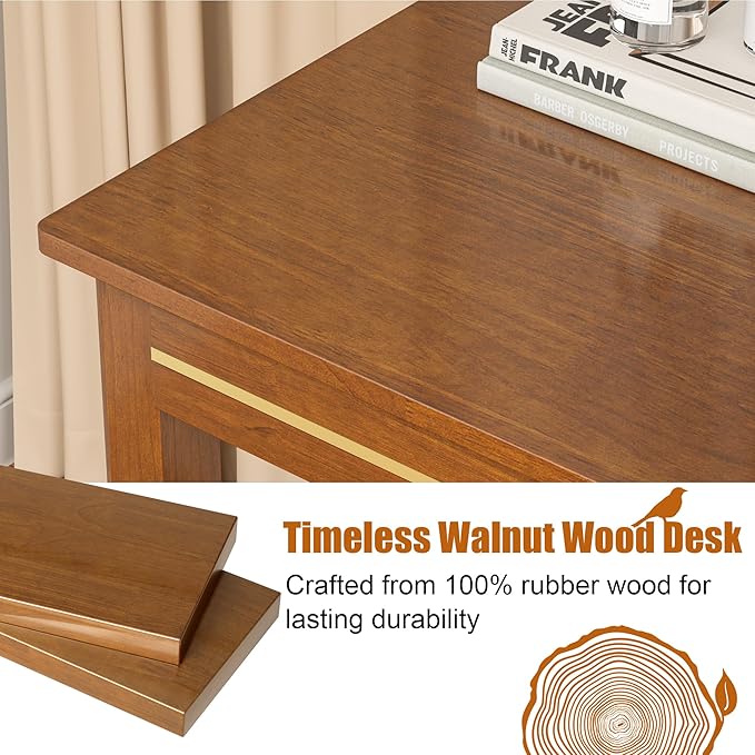 100% Solid Wood Desk with Drawers - 47.2 Inch Mid Century Modern Desks, Vintage Writing Desk with Drawers, Simple Work Study Table, Home Office Desks for Bedroom & Home, Walnut Color