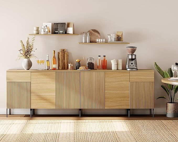 WAMPAT 94.5" Buffet Sideboard Cabinet with 2 Drawers & 6 Doors,4-in-1 Fluted Storage Credenza with Charging Station,Modern Buffet Table Coffee Bar Wine Bar Cabinet for Dining Room, Living Room,Oak