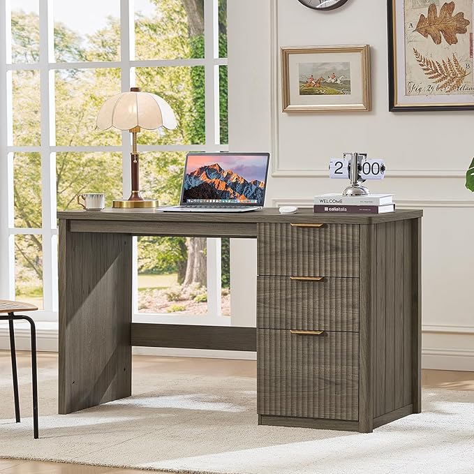 LEYAOYAO Office Desk 48" with 3 Drawers Storage File Cabinet Wood Fluted Desk for Computer Office Bedroom Home Furniture Grey