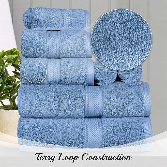 Superior Egyptian Cotton Pile Bath Towel Set of 2, Ultra Soft Luxury Towels, Thick Plush Essentials, Absorbent Heavyweight, Guest Bath, Hotel, Spa, Home Bathroom, Shower Basics, Denim Blue