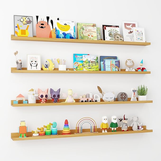 Axeman Picture Ledge Shelf | 55 Inch Oak Floating Shelves Set of 4 | Rustic Wood Wall Shelves with Lip | 55" Oak Picture Shelves for Wall with Ledge | Photo Shelves