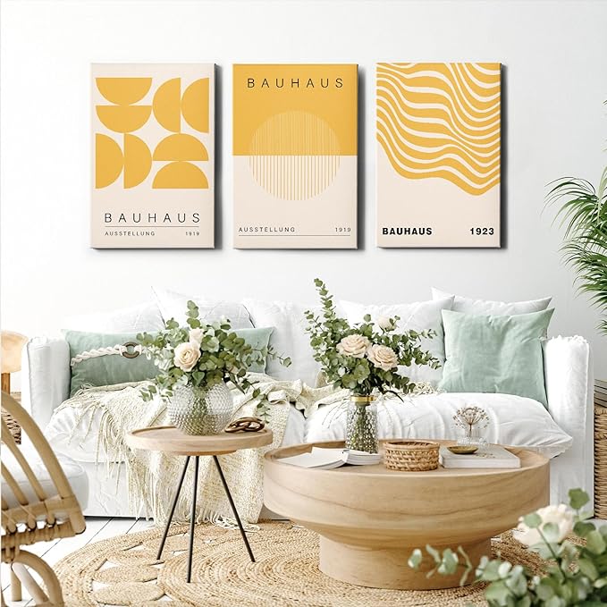 Geometric Line Wall Art Abstract Shape Prints Bauhaus 1923 Poster Beige and Yellow Wall Art Mid Century Modern Artwork Bauhaus Exhibition Poster Boho Modern Pictures for Home 16x24inch Wood Framed