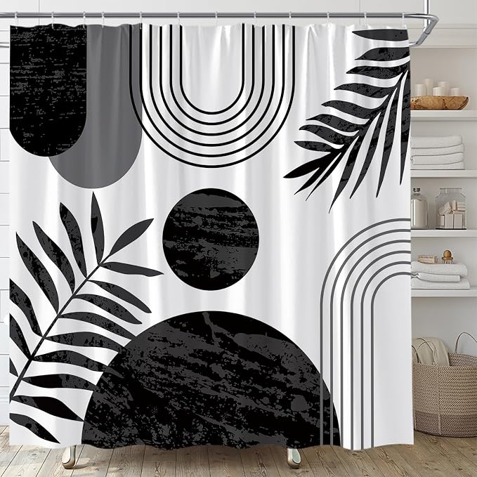 Mid Century Modern Shower Curtain Boho Black and White Abstract Retro Aesthetic Fabric for Bathroom Decor Bathtub with Hooks (67" WX70 H)