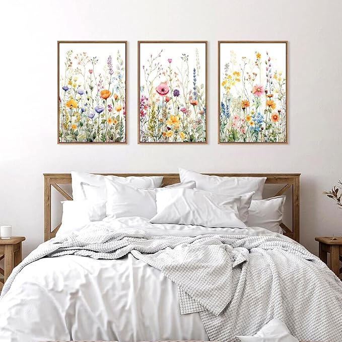 FWIEXA Wildflower Pictures Wall Decor, 3 Piece Floral Canvas Wall Art Set, Framed Watercolor Flower Painting, Colorful Botanical Artwork, 16x24 Inches Poster for Living Room, Bedroom, Nursery, Home