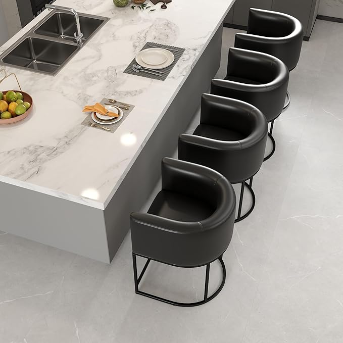 PU Leather Bar Stools Set of 4, Modern Upholstered Counter Height Bar stools 24" Leather Barstools Barrel Kitchen Counter Island Stools with Black Metal Base, Black