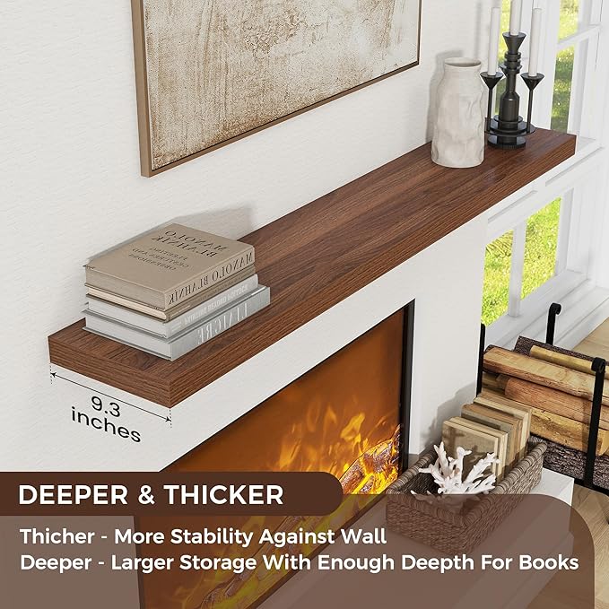 Floating Shelves for Wall, Engineered Wood Wall Shelves with Invisible Brackets for Living Room Bedroom Bathroom Office Kitchen Decor and Storage (Walnut, 72" W x 9" D x 1.5" H) Set of 1