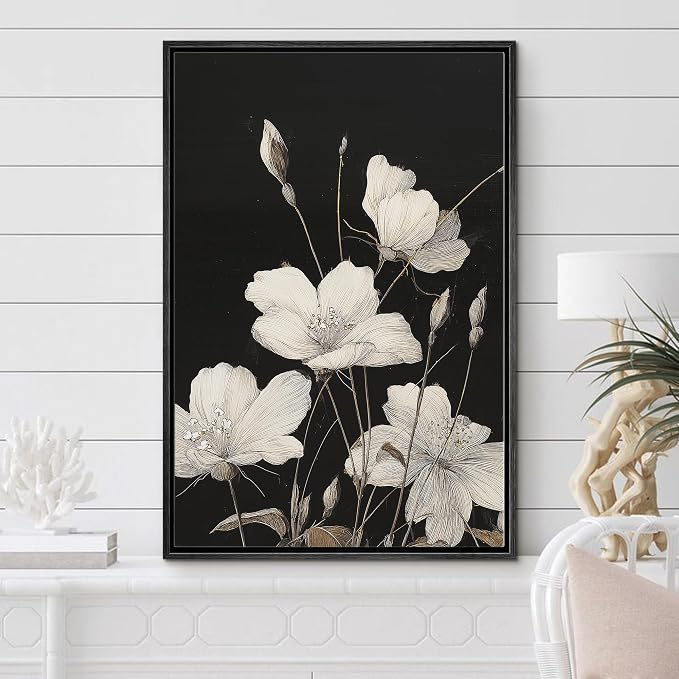 Woodrose Framed Canvas Print Wall Art Delicate White Flowers Elegant Botanical Line Illustrations Modern Art Minimalist 3D Colorful Ultra for Living Room, Bedroom, Office - 16"x24" BLACK