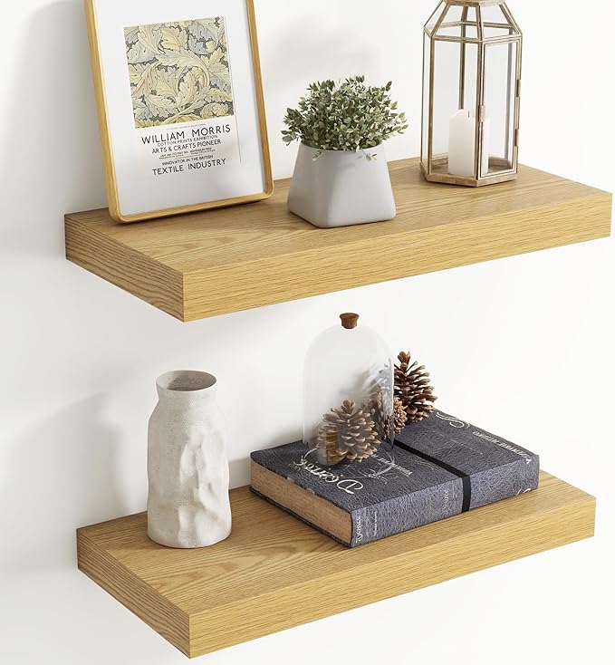 20 Inch Floating Shelves for Wall, 8 Inch Deep Floating Shelf for Storage & Display, Rustic Wall Mounted Shelf with Invisible Brackets for Living Room, Kitchen, Bathroom, Home Decor, Set of 2, Oak