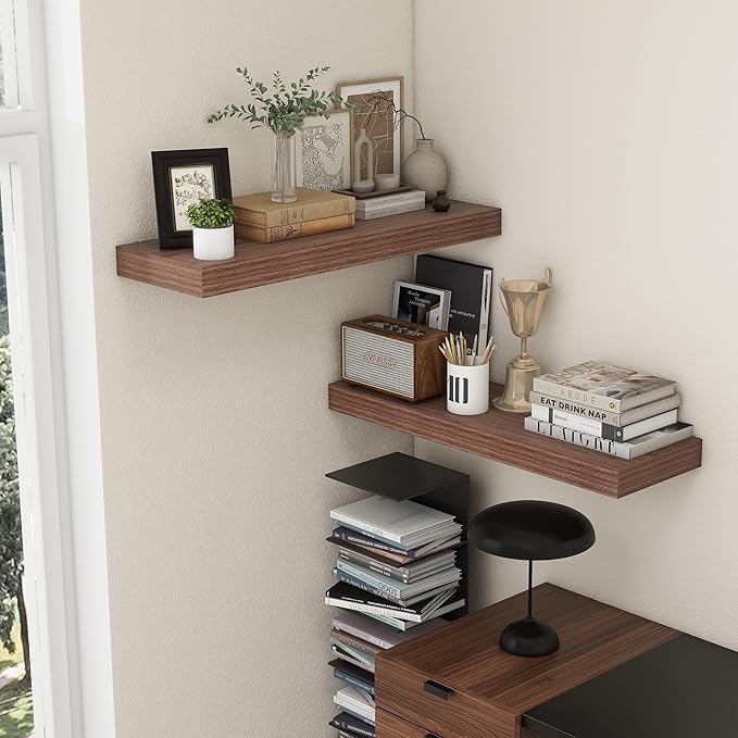 Deep Floating Shelves | 36 Inch Walnut Floating Shelves Set of 2 | 12 Inch Deep Rustic Wood Shelves for Wall | 36" W x 12" D Walnut Shelves for Living Room Bathroom Laundry Room Kitchen