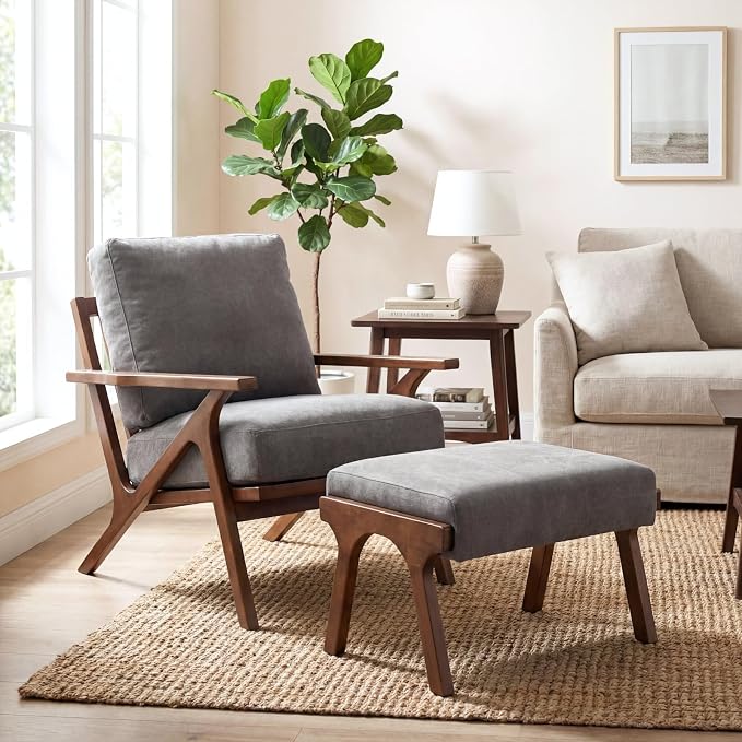chairus Mid-Century Modern Accent Chairs with Ottomans Set of 2, Comfy Upholstered Lounge Armchairs with Solid Wood Frame, Reading Chairs for Living Room Bedroom Office, Grey Denim Fabric