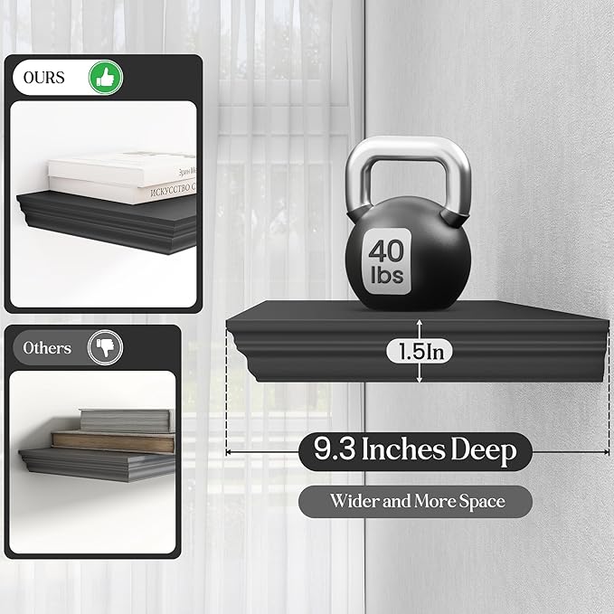 Fun Memories Floating Shelves 36 Inch Long, 9.3 Inch Deep Classic Crown Molding Floating Shelves for Wall, Rustic Wooden Shelves for Wall Decor Bathroom, Kitchen, Office, (Black, 2Pack)