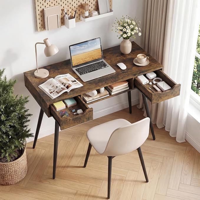 Giantex Mid Century Modern Computer Desk with Drawers, 42.5" Writing Desk with Open Storage Cubby, Vanity Table with Metal Leg, Compact Wooden Study Table for Small Spaces Home Office (Rustic Brown)