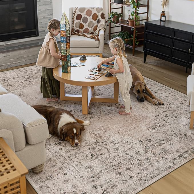 Area Rug 8x10 Vintage Rug: Large Washable Indoor Medallion Rugs Low Pile Distressed Floor Carpet Retro Accent Rug for Living Room Bedroom Kitchen Dining Table Home Office(Distressed Brown, 8'x10')