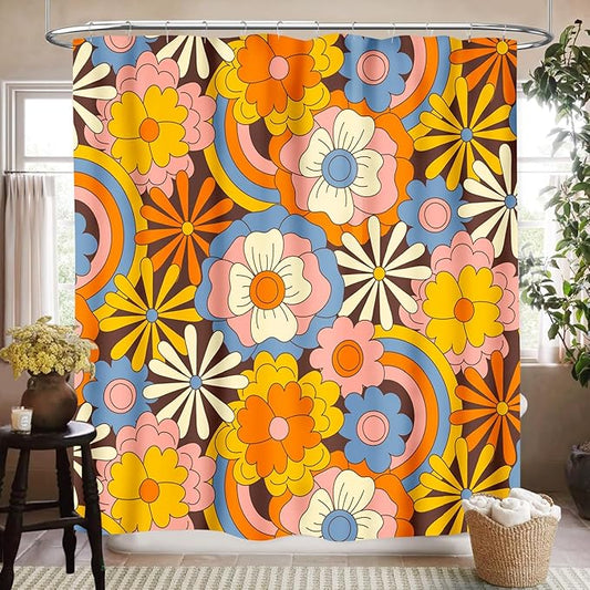 70s Shower Curtain for Bathroom,Rustic Hippie Orange 70s Daisy Floral Flower Cute Funky Trippy Groovy Vintage Boho Colorful Waterproof Fabric Shower Curtain Set with Hooks, 72"x84"
