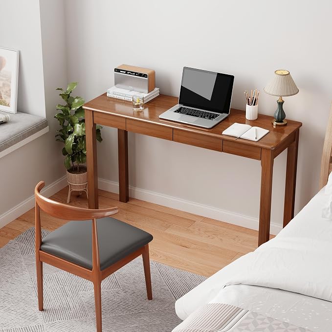 100% Solid Wood Desk with Drawers 47 x 16 Inch Mid Century Modern Desk Vintage Small Writing Wooden Desks for Small Spaces Bedroom, Living Room, Office