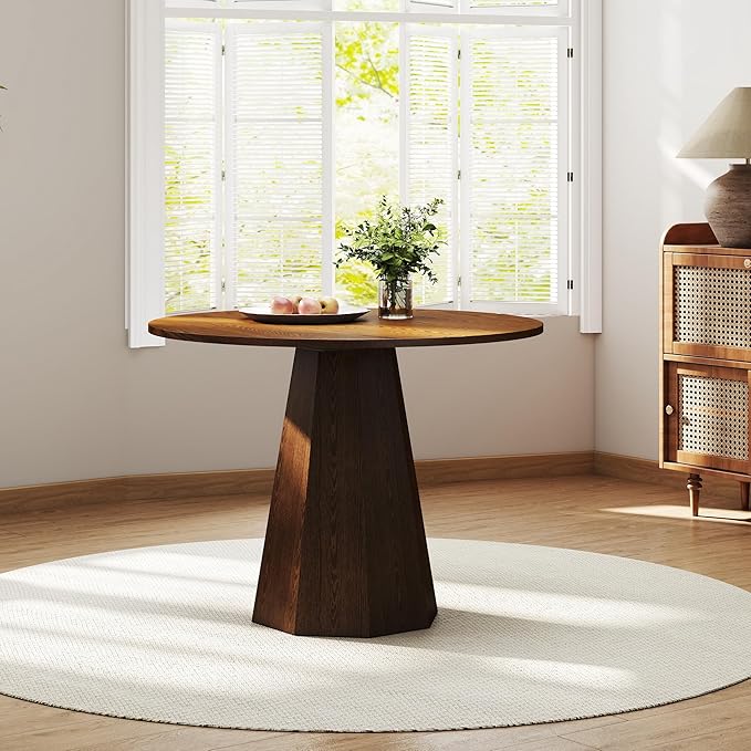 39” Round Solid Wood Dining Table for 4-5 People, Modern Pedestal Small Kitchen Table Circle Tabletop with Walnut Wood Grain Finish, Saving Space, Walnut