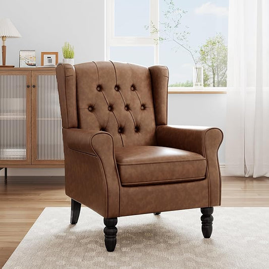 Faux Leather Accent Chair, High Back Upholstered Chair with Button Tufted, Mid-Century Modern Comfy Wingback Chair Reading Armchair for Living Room for Bedroom, Office-P Brown