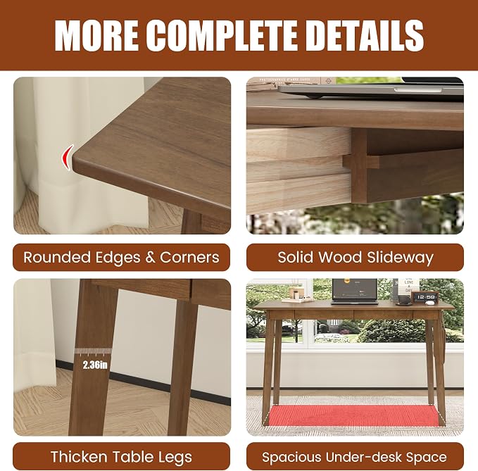 Solid Wood Desk with Drawers - 47 x 16 Inch Modern Narrow Desks, Rubber Wood Study Table, Small Writing Desk for Small Spaces|Bedroom - Black Desks