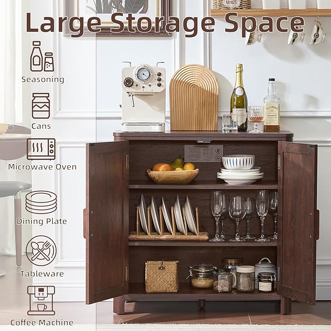 Sideboard Buffet Cabinet with Storage, 31.5" Arc-Shaped Credenza with 2 Doors & Adjustable Shelves, Mid Century Modern Coffee Bar Cabinet for Kitchen, Living Room, Entryway, Walnut