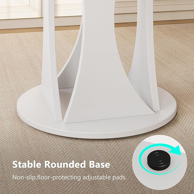 Einhomn Round Dining Table for 4-6, Kitchen Table with Sturdy Double Arc & Rounded Base & Backboard Clasp Desktop, Mid-Century Modern Circle Dinner Table for Dining Living Room, Space Saving, White