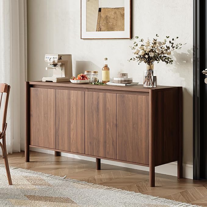 59" Wide Walnut Buffet Cabinet Storage,4 Doors and Adjustable Shelves,Solid Wood Round Legs,Wood Mid Century Sideboard for Kitchen,Living Room,Coffee Bar.