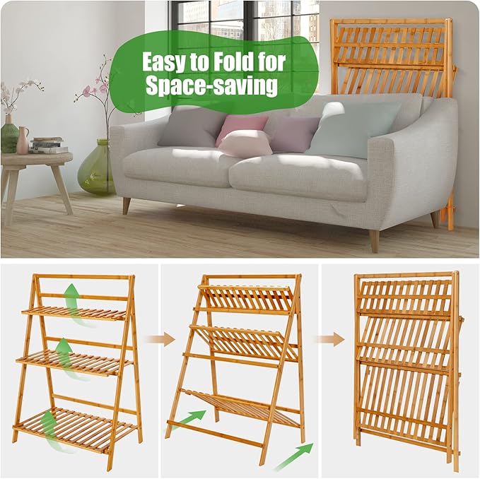 Giantex Bamboo Ladder Plant Stand, 3 Tier Folding Bamboo Plant Shelf, Foldable Flower Pot Display Shelf Rack, Multiple Plants Holder Organizer Storage Shelf for Indoor Outdoor Balcony Garden (Natural)